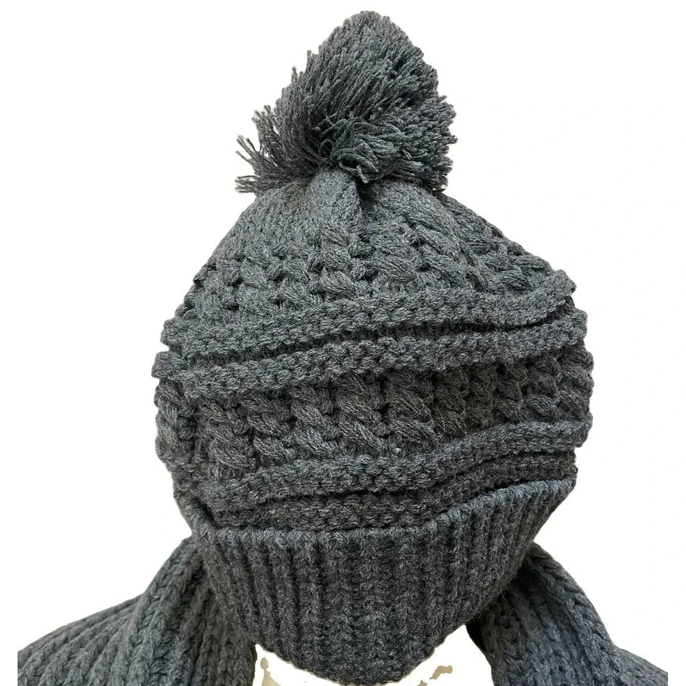 Chunky Knit Charcoal Grey Beanie & Scarf Set Fringe Cozycore Gorpcore Boho Snow